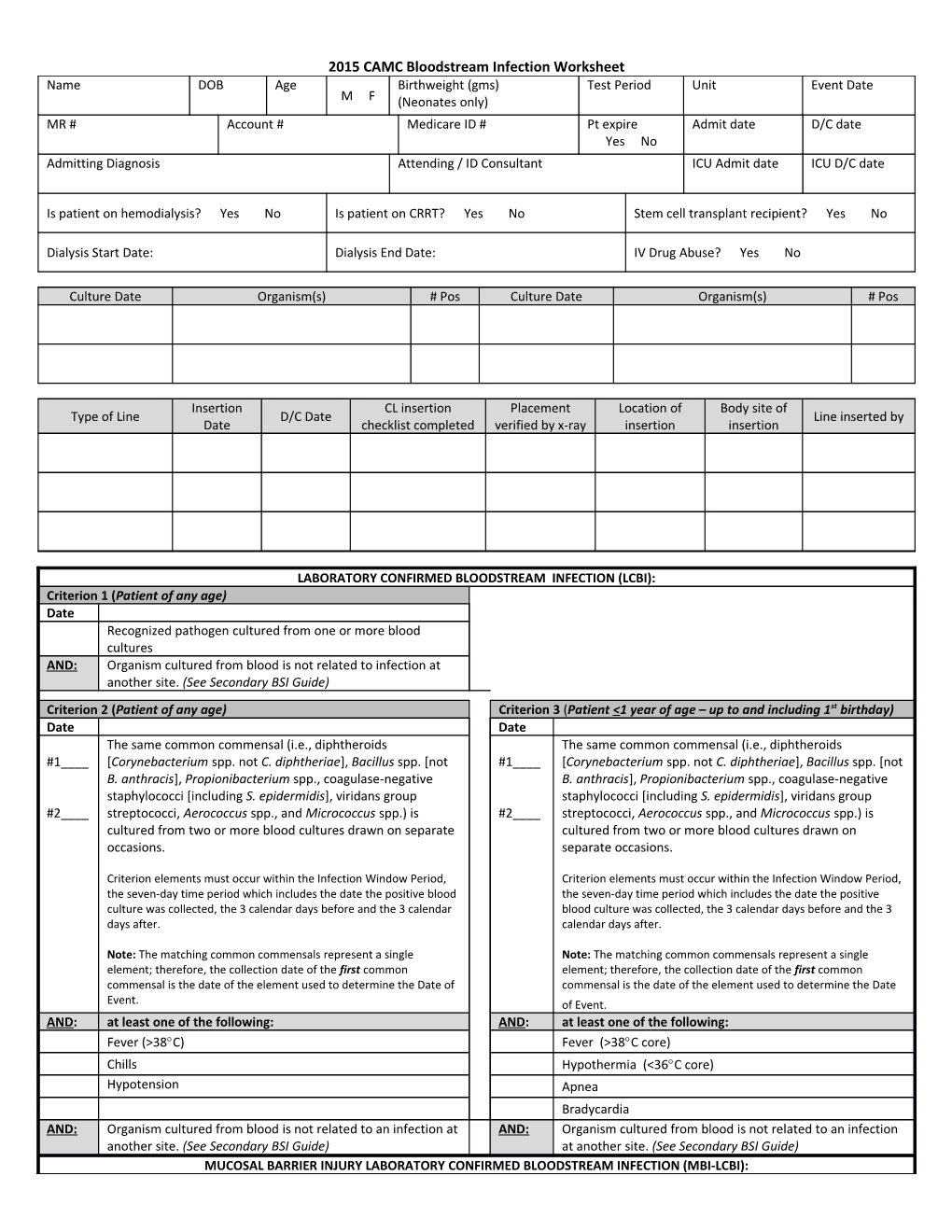 2015 CAMC Bloodstream Infection Worksheet