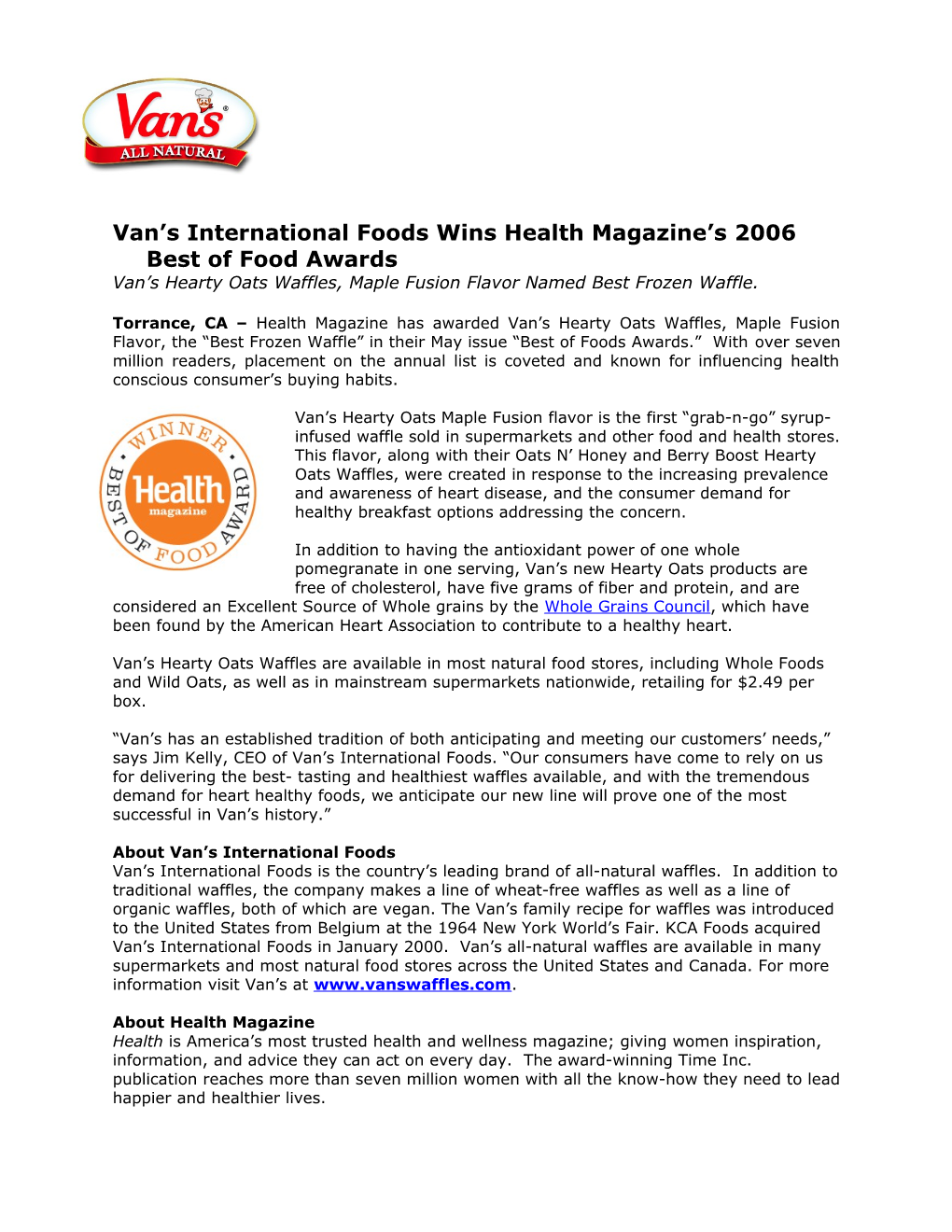 Van S International Foods Wins Health Magazine S 2006 Best of Food Awards