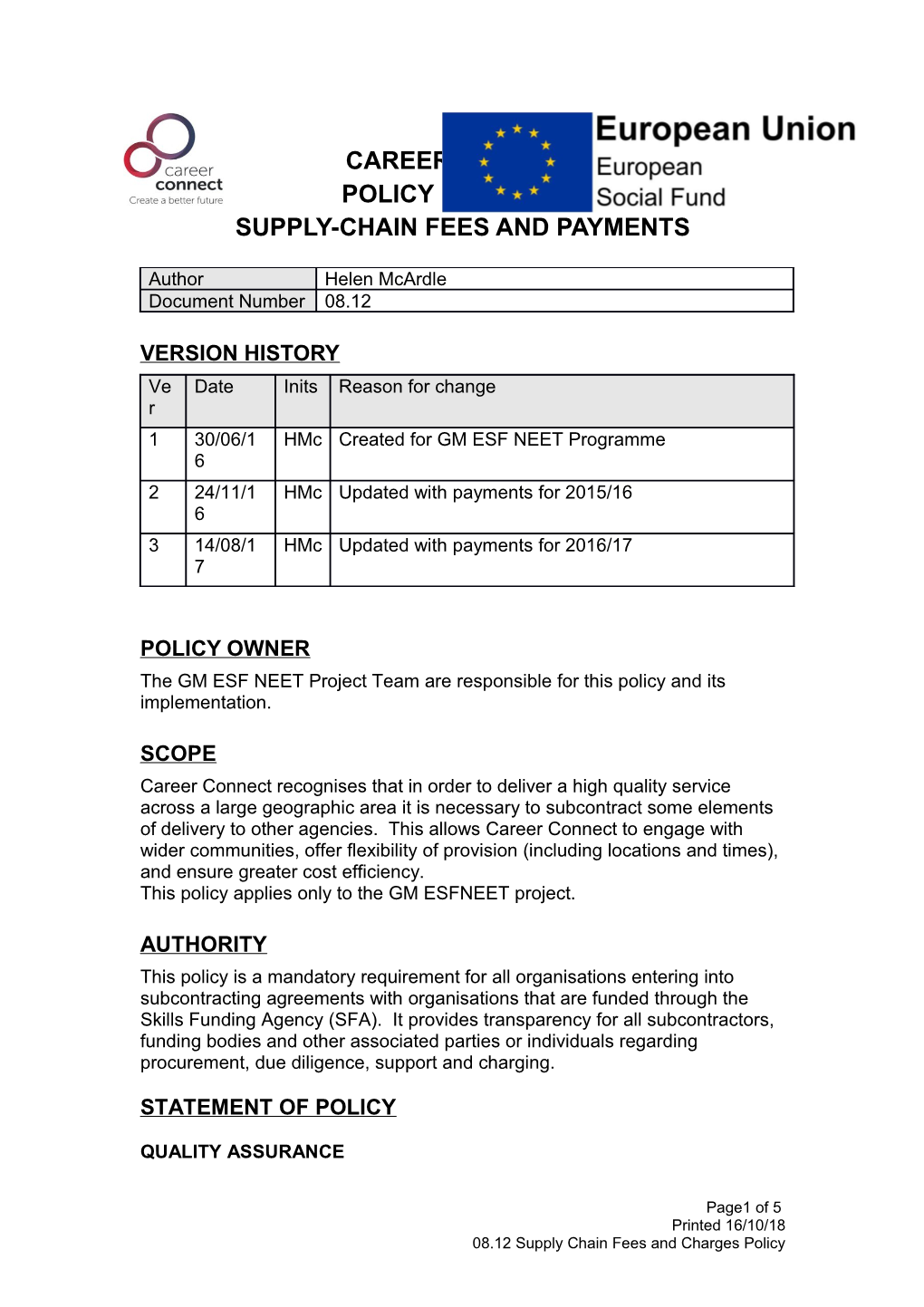 08.12 Supply Chain Fees and Charges Policy