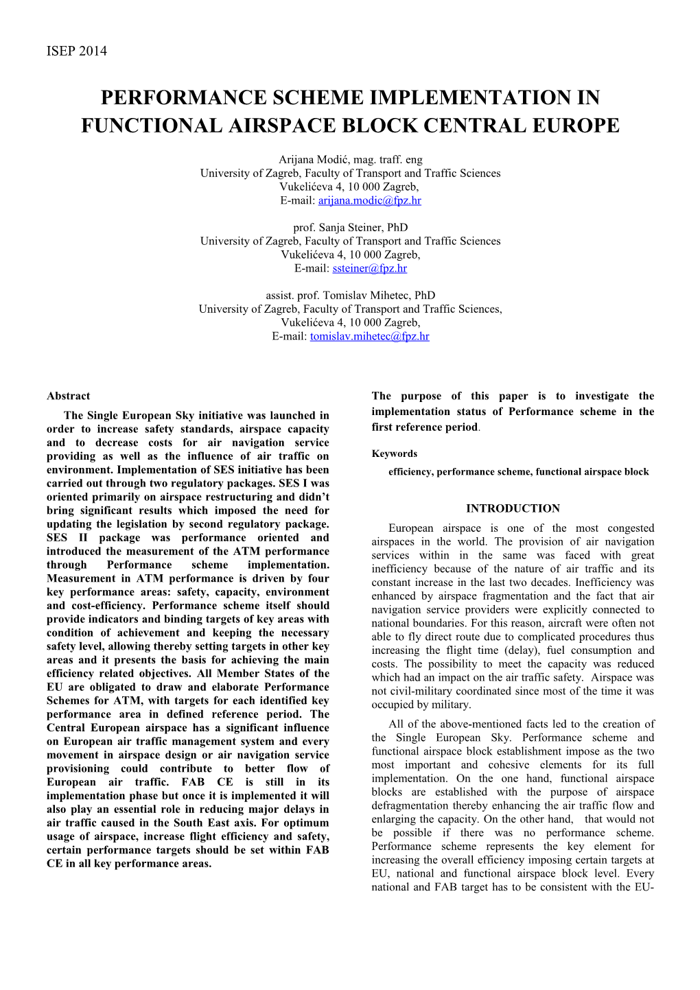 Performance Scheme Implementation in Functional Airspace Block Central Europe