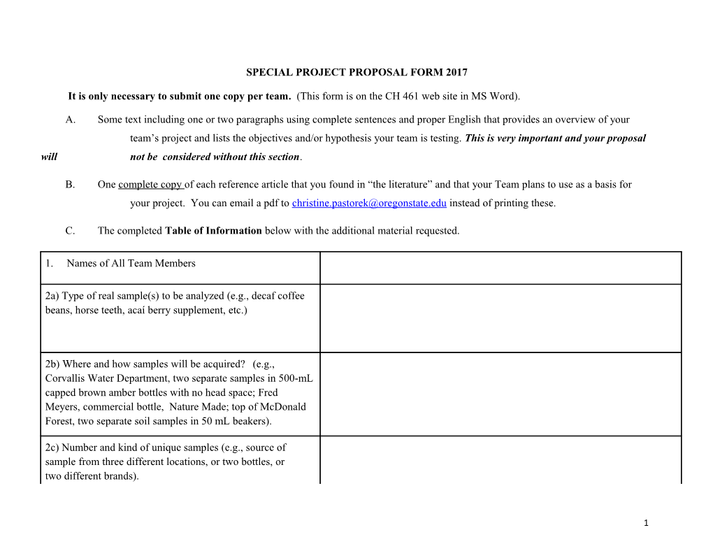 Special Project Proposal Form 2017