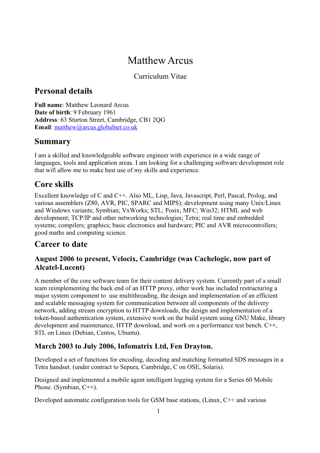 CV for Matthew Arcus