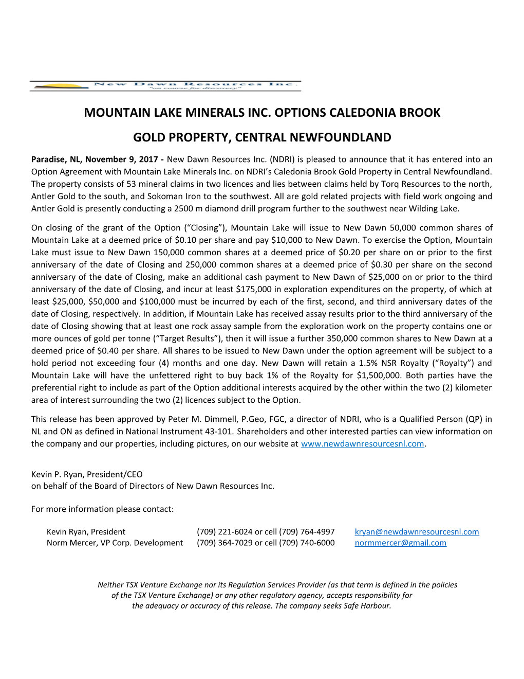 Mountain Lake Minerals Inc. Options Caledonia Brook