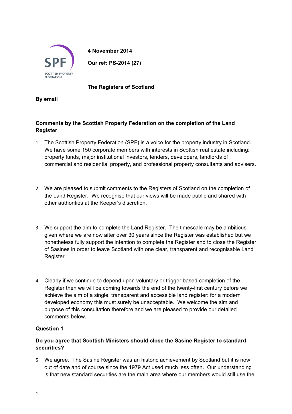 Comments by the Scottish Property Federation on the Completion of the Land Register