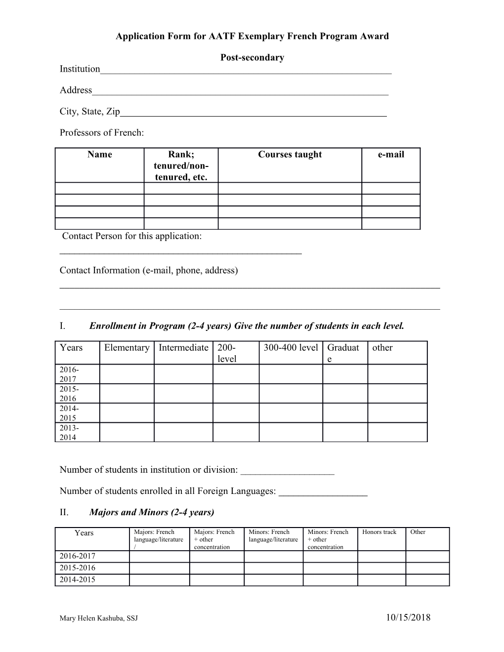 Application Form for AATF Exemplary French Program Award