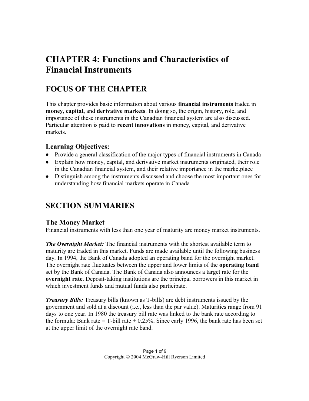 CHAPTER 4: Functions and Characteristics of Financial Instruments
