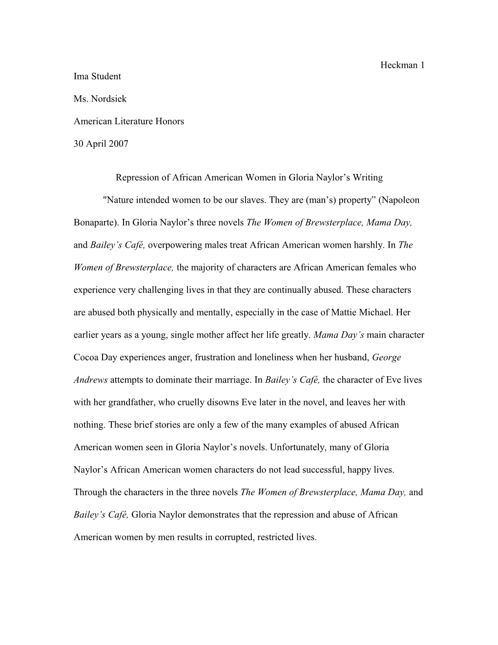 Repression of African American Women in Gloria Naylor S Writing