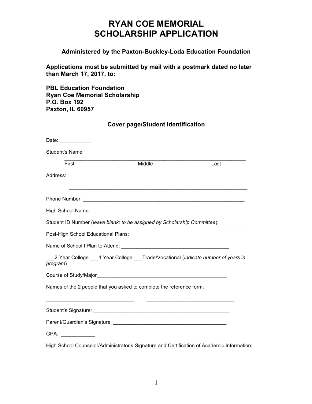 Virginia Graham Scholarship Application