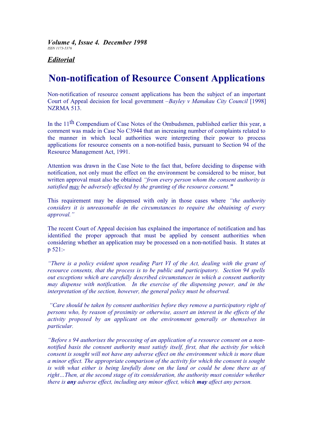 Non-Notification of Resource Consent Applications