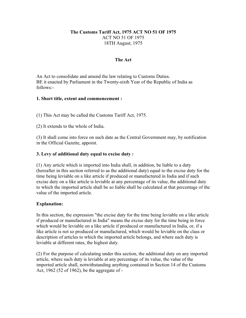 The Customs Tariff Act, 1975 ACT NO 51 of 1975