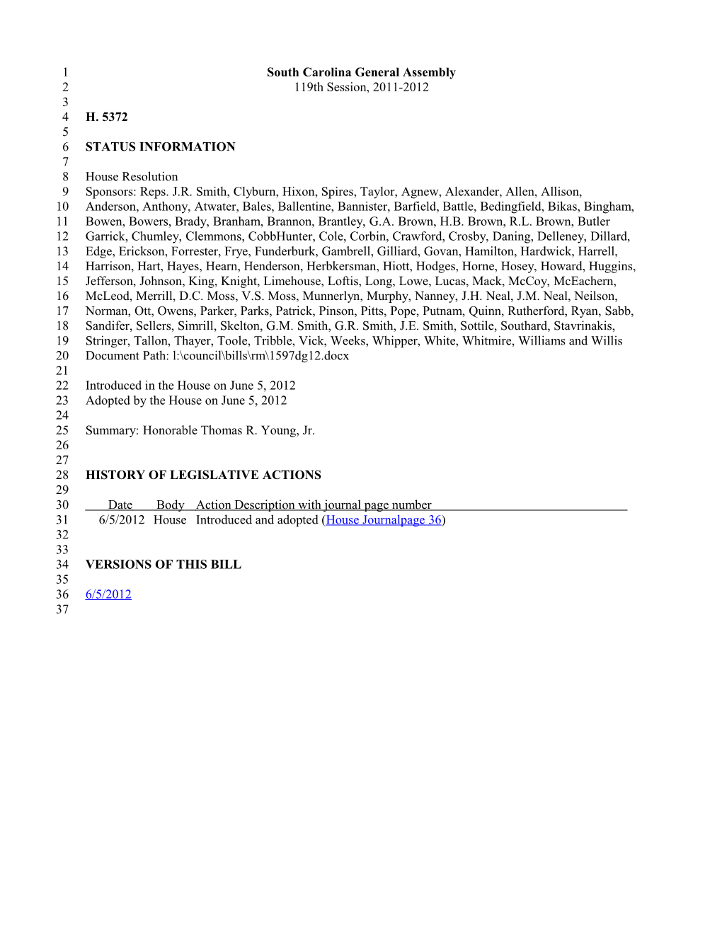 2011-2012 Bill 5372: Honorable Thomas R. Young, Jr. - South Carolina Legislature Online