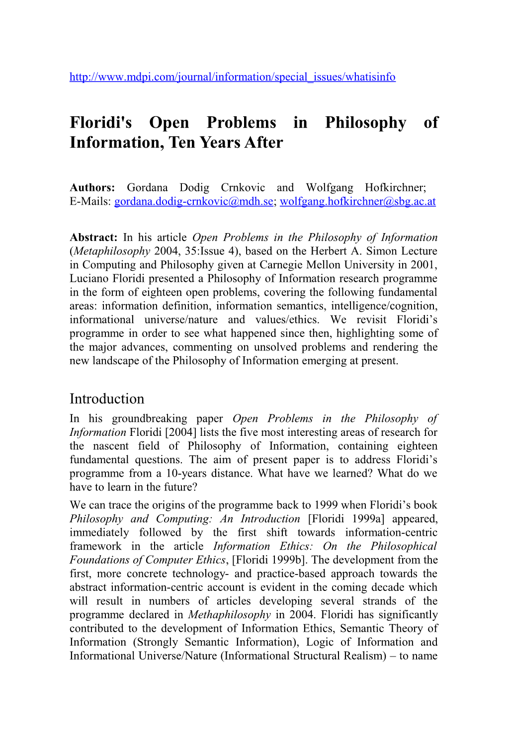 Floridi's Open Problems in Philosophy of Information, Ten Years After
