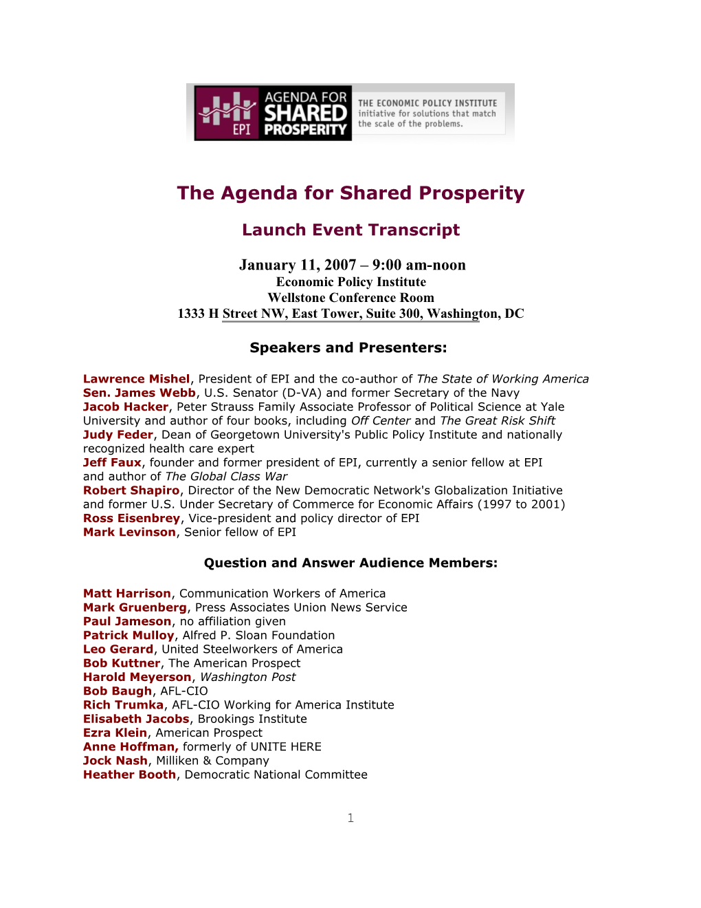 Transcript of Jan 11 2007 Launch Event
