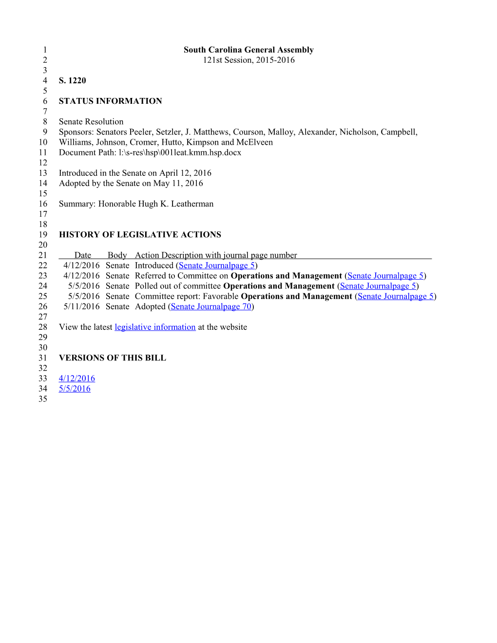 2015-2016 Bill 1220: Honorable Hugh K. Leatherman - South Carolina Legislature Online