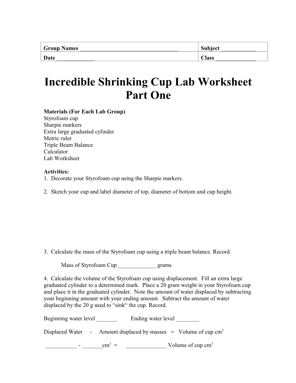 Incredible Shrinking Cup Lab Worksheet