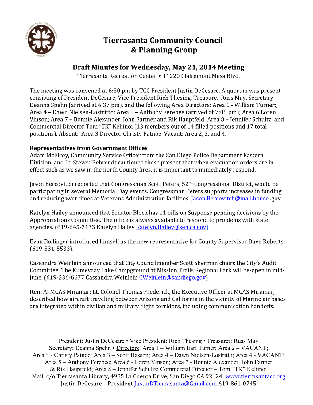 Draft Minutes Forwednesday, May 21, 2014 Meeting