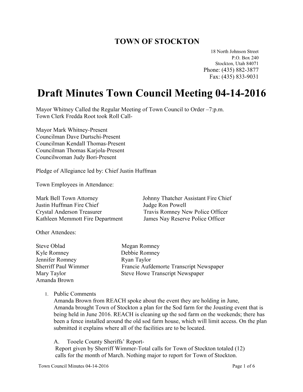 Draft Minutes Town Council Meeting 04-14-2016