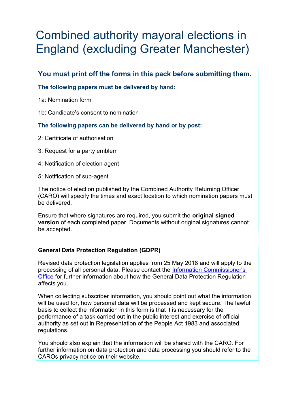 CAM Nomination Pack Incl Election Agent Notification Form - Without PCC Function