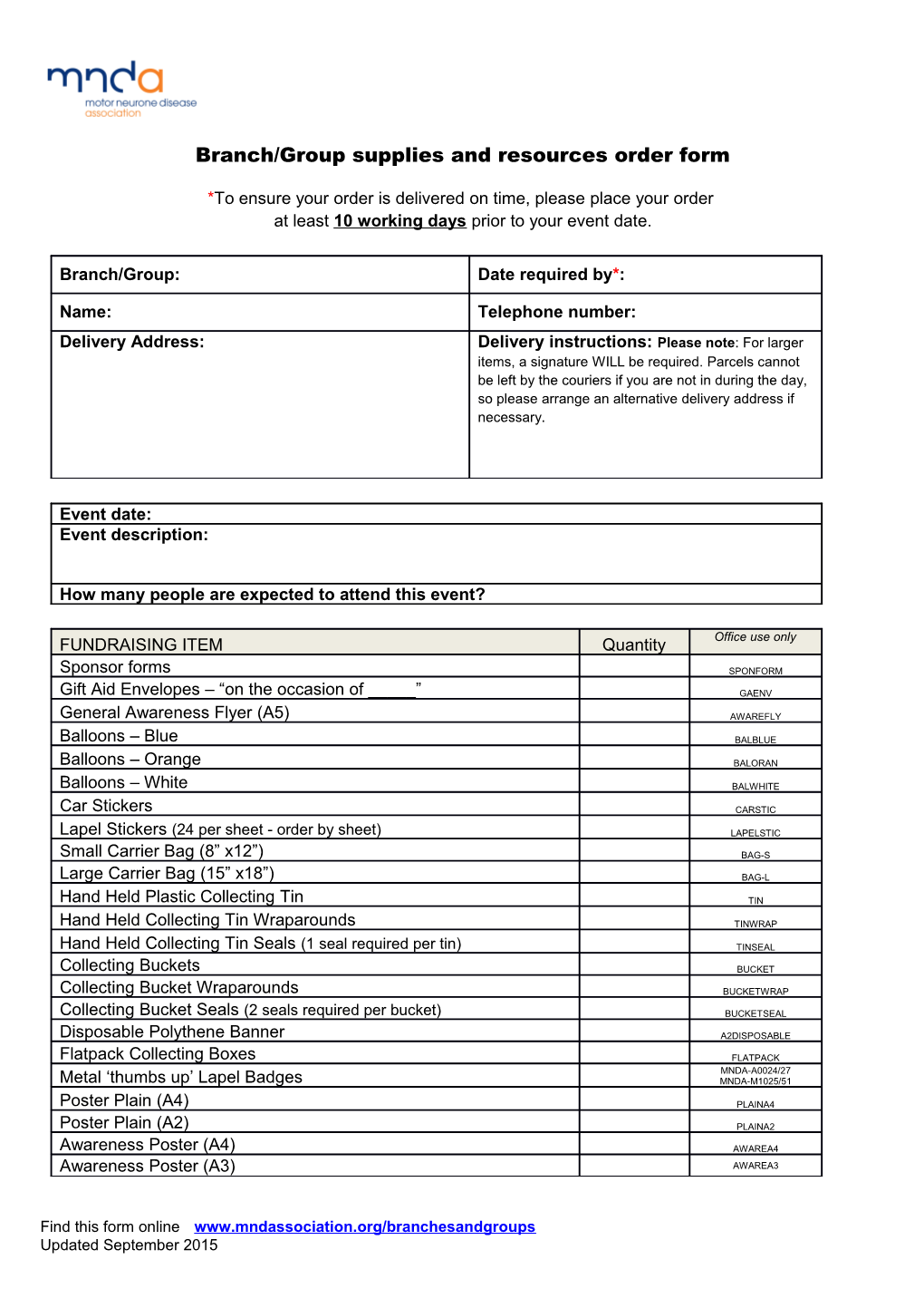 Branch/Group Supplies and Resources Order Form