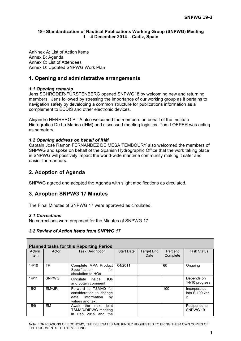 18Th Standardization of Nautical Publications Working Group (SNPWG) Meeting