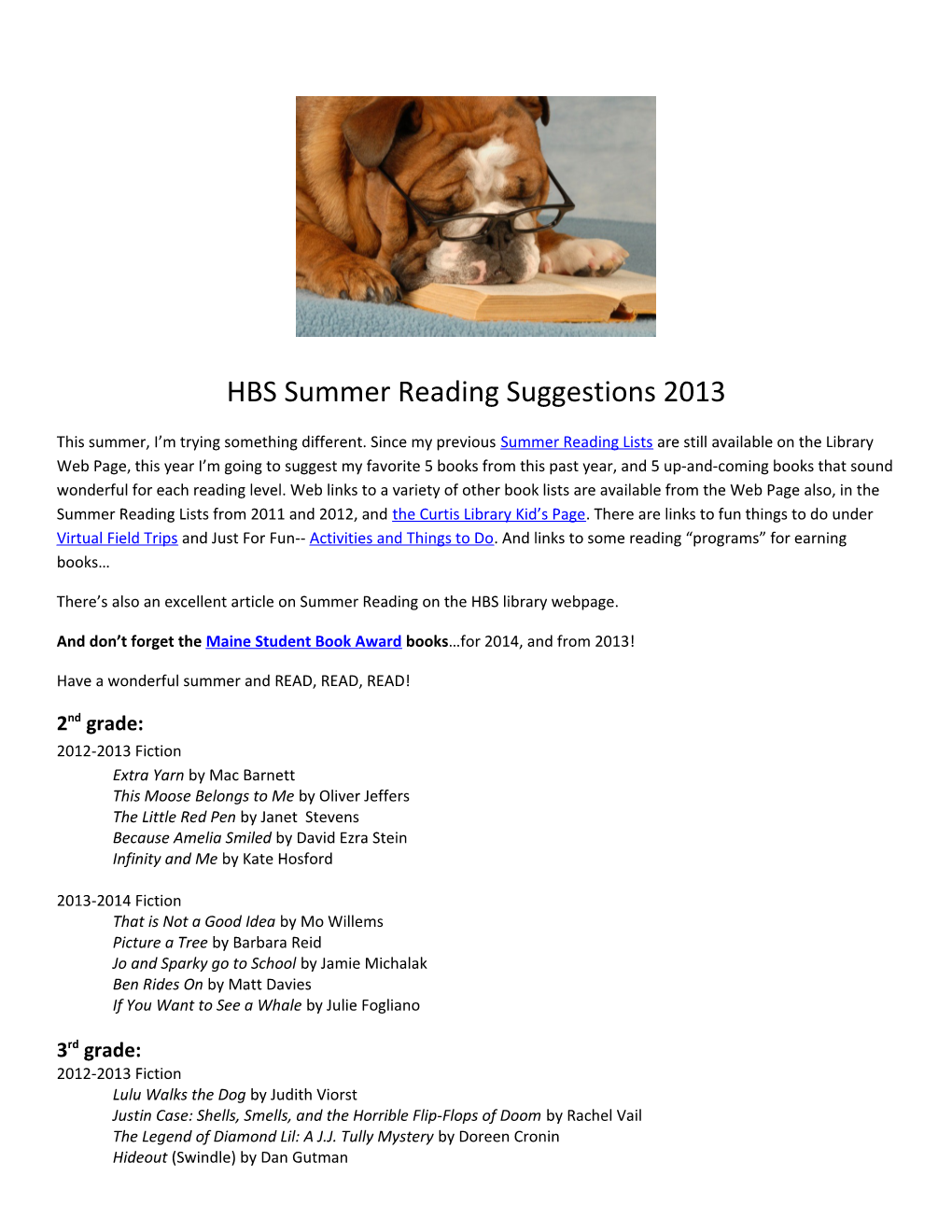 HBS Summer Reading Suggestions 2013