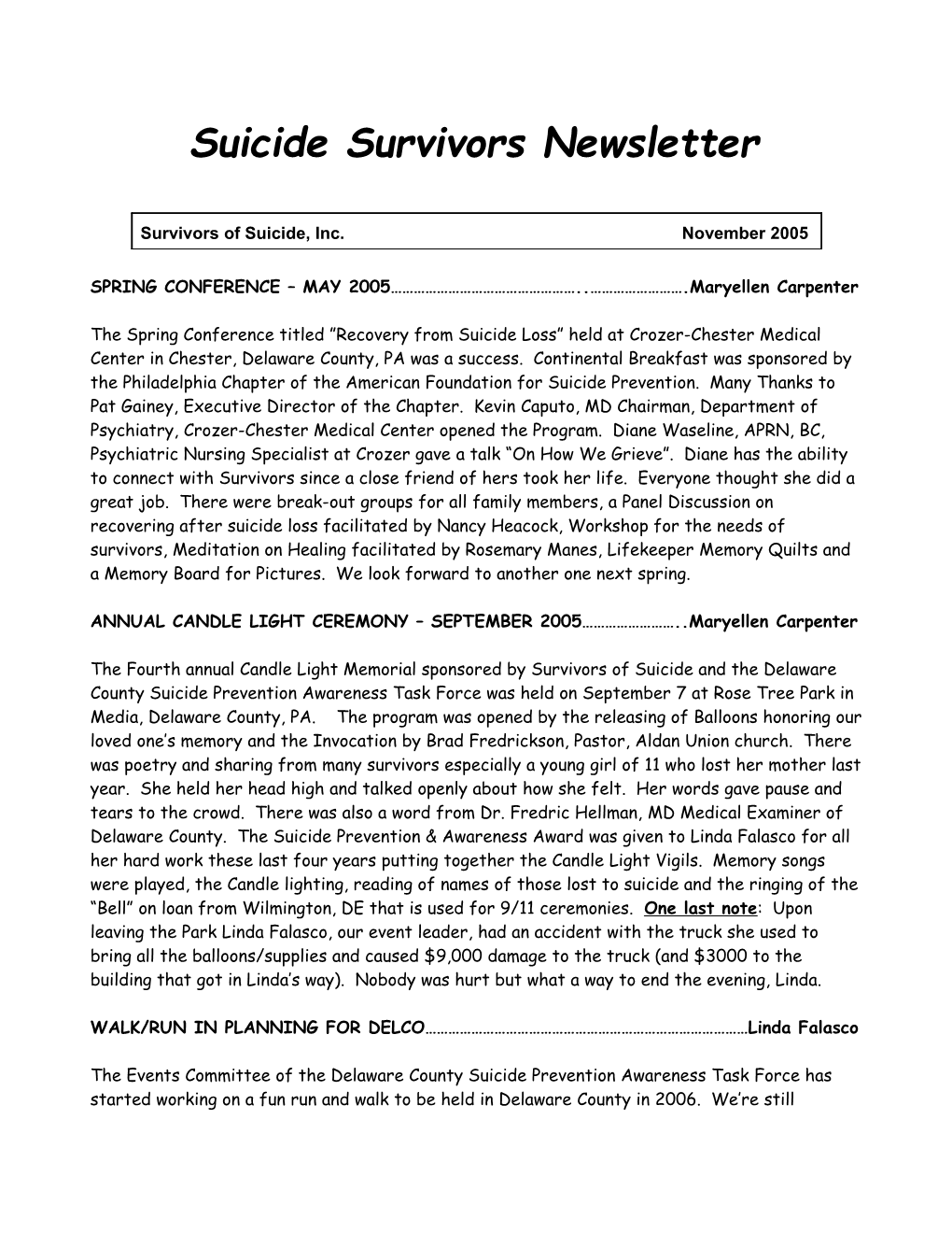 Suicide Survivors Newsletter