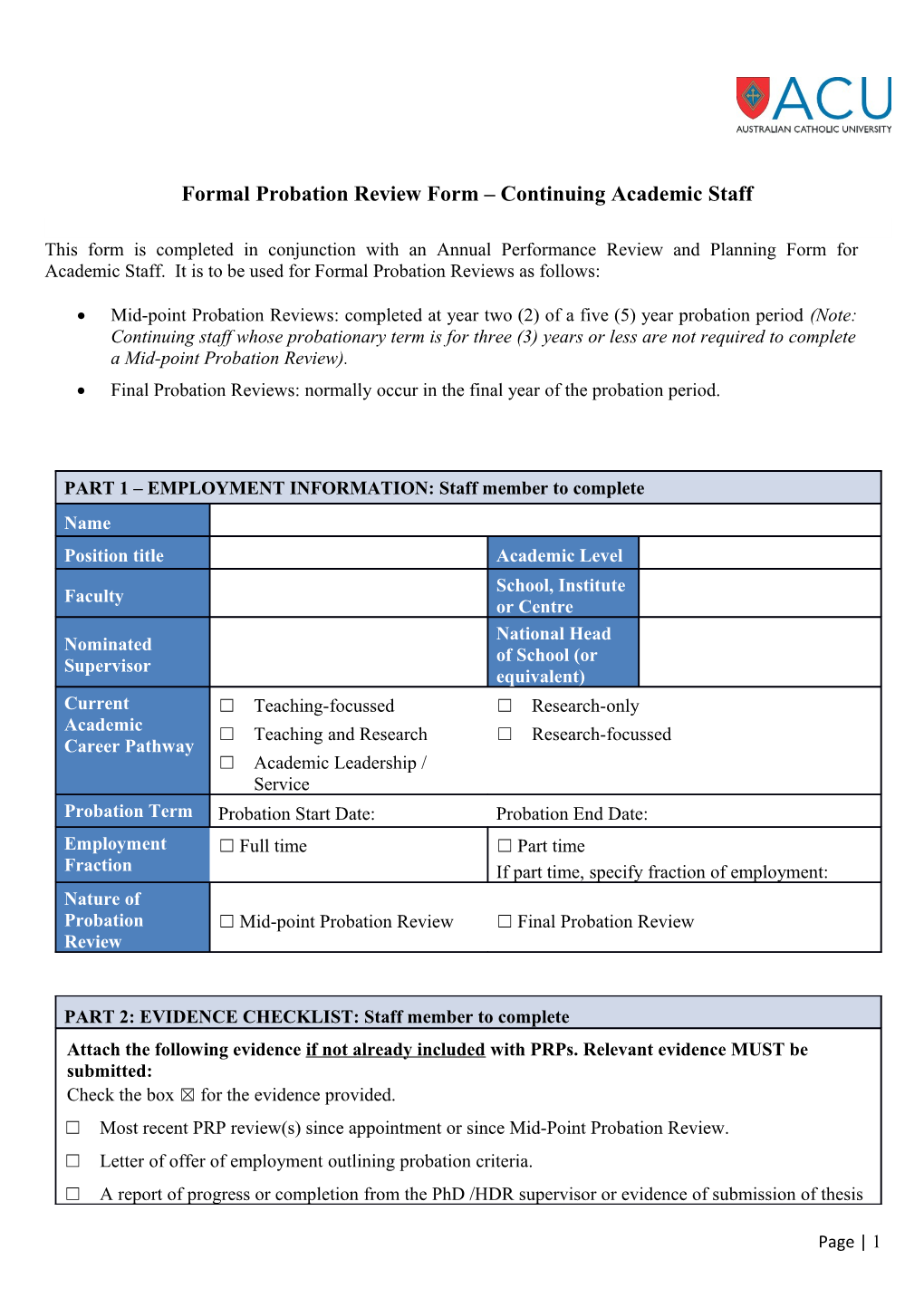 Formal Probation Review Form Continuing Academic Staff