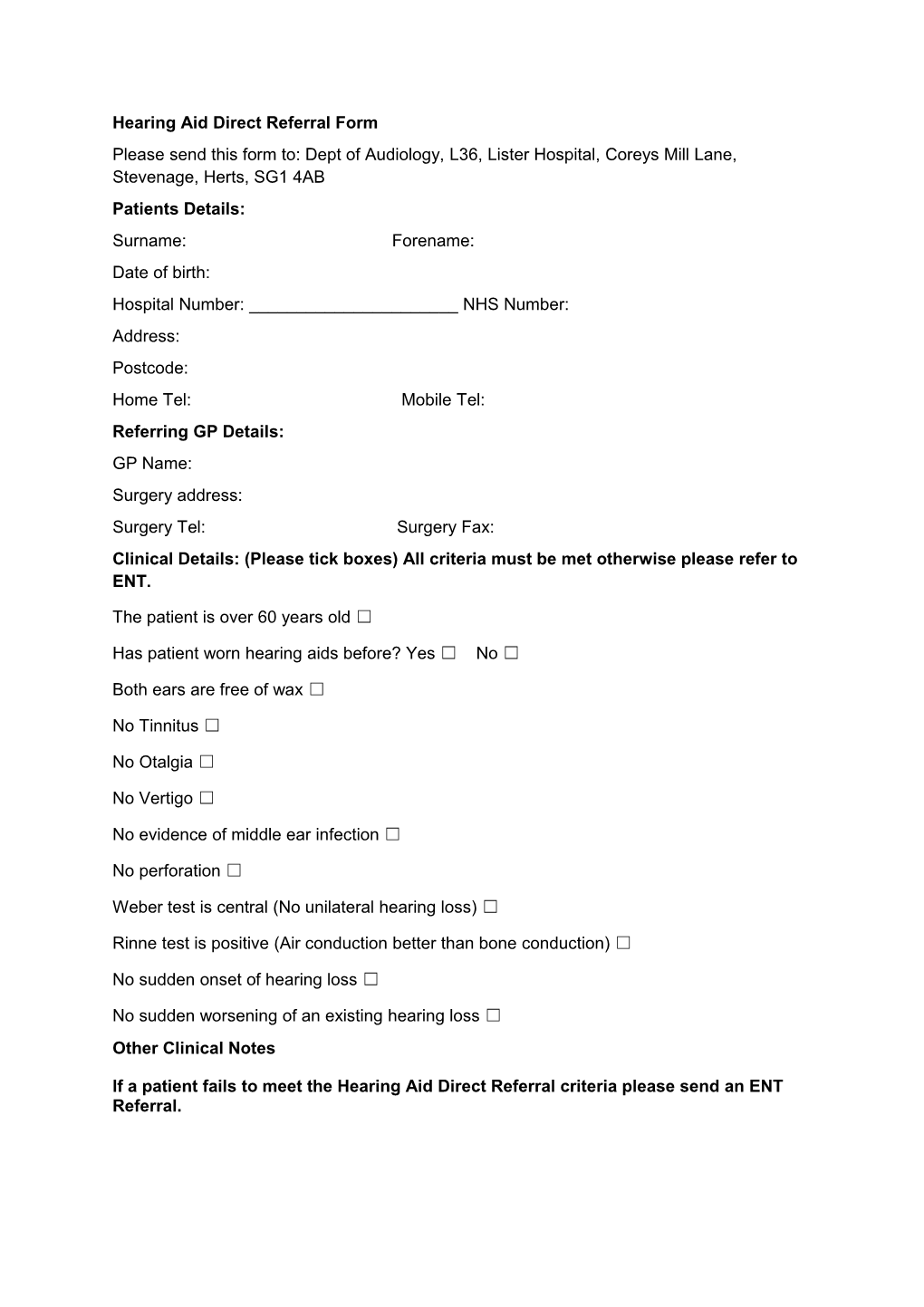 Hearing Aid Direct Referral Form