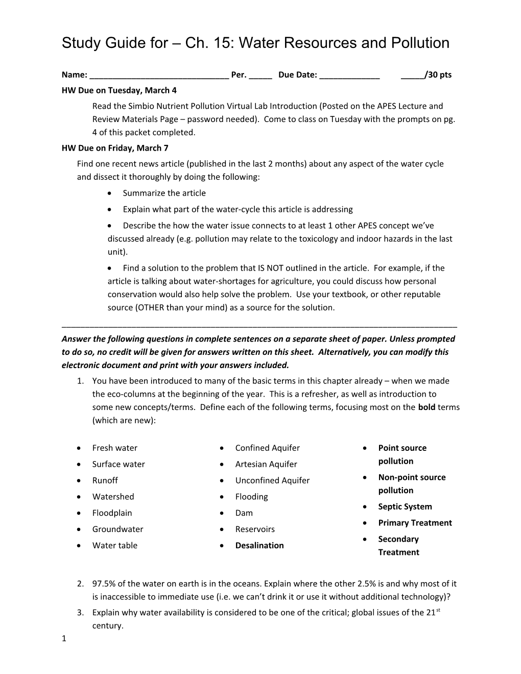 Study Guide for Ch. 15: Water Resources and Pollution