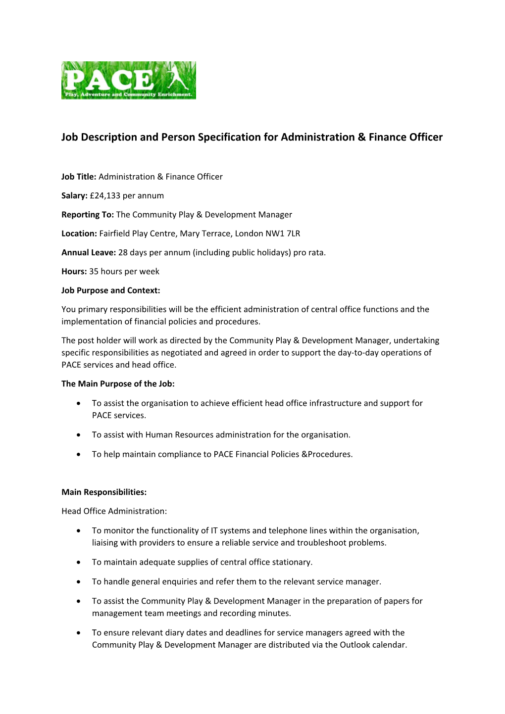 Job Description and Person Specification for Administration& Finance Officer