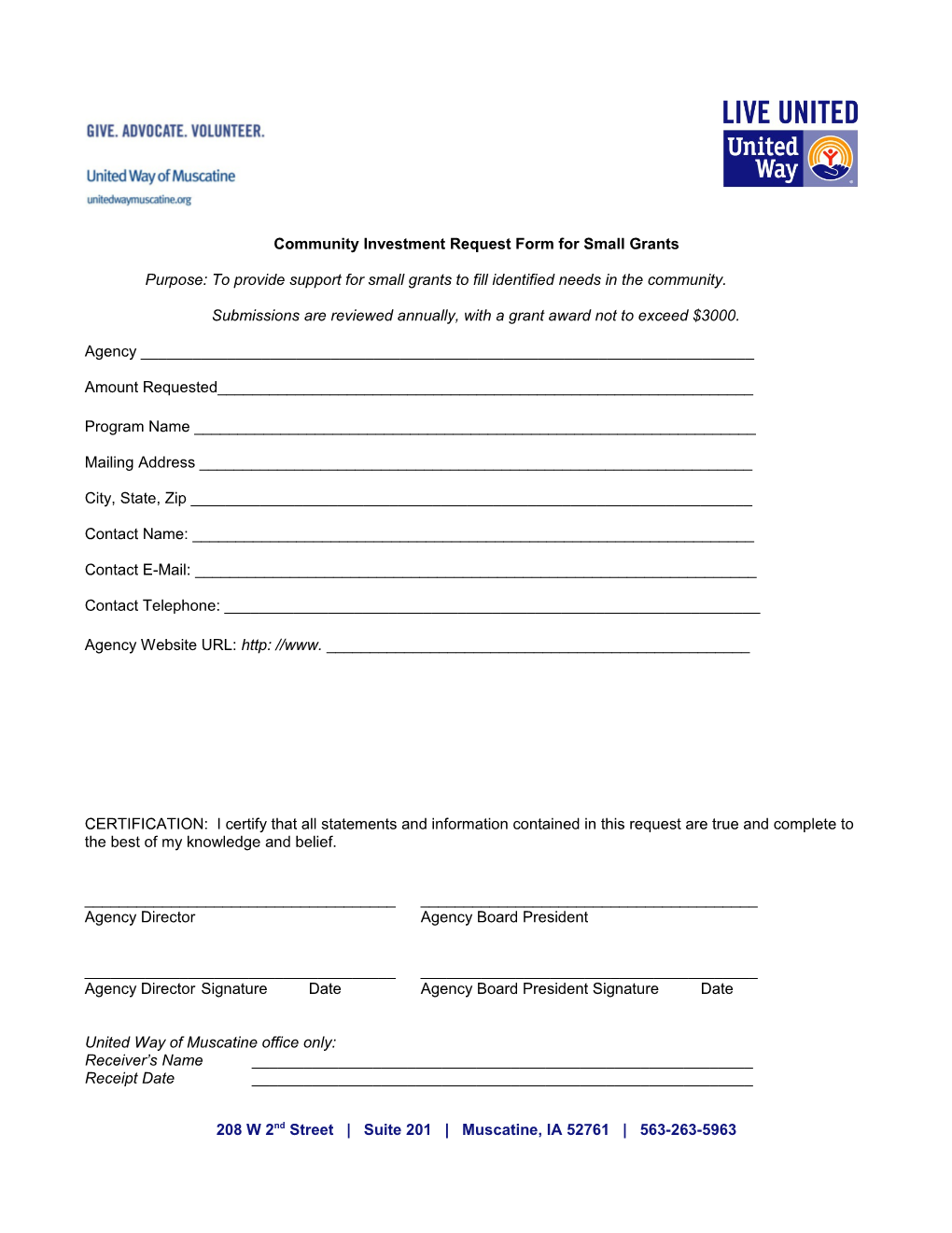 Community Investment Request Form for Small Grants