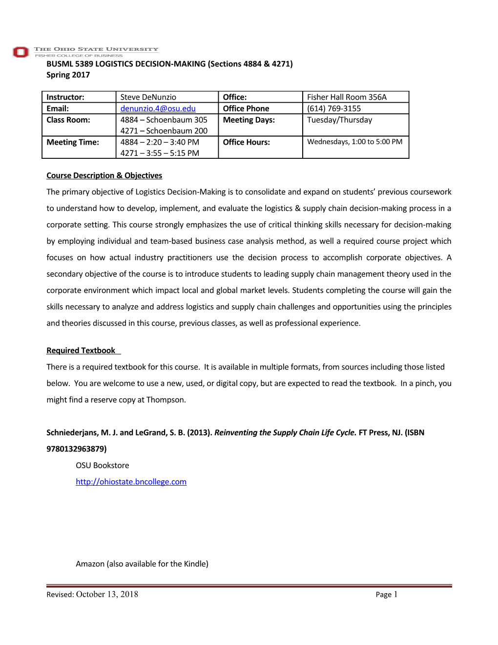 BUSML 5389 LOGISTICS DECISION-MAKING (Sections 4884 & 4271)