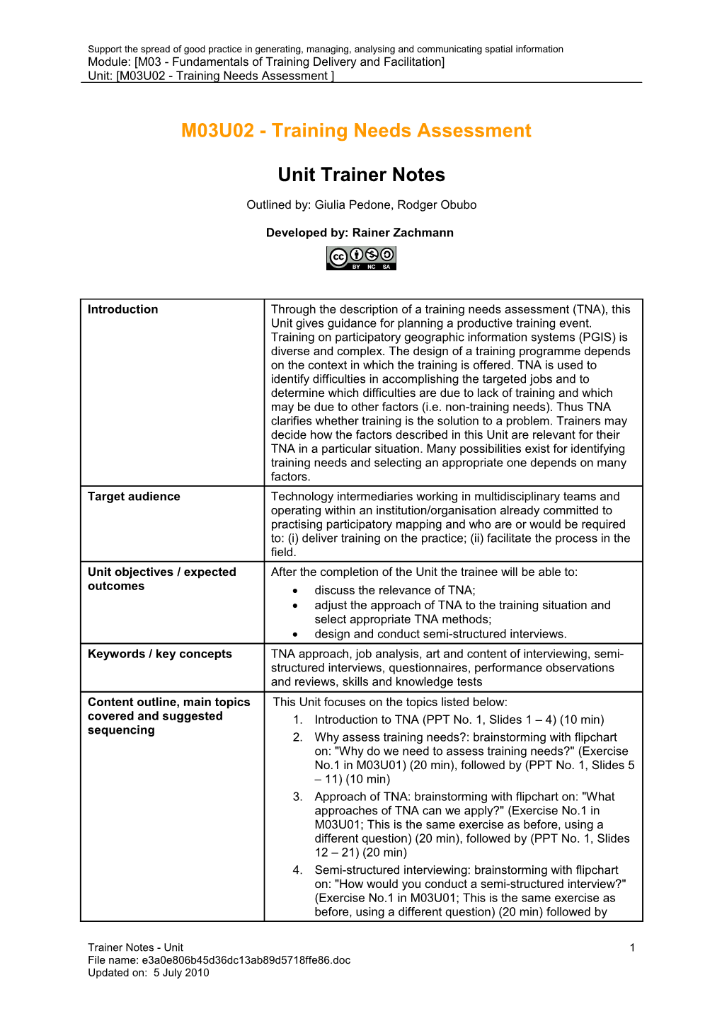 Unit Trainer Notes - Traing Needs Assessment