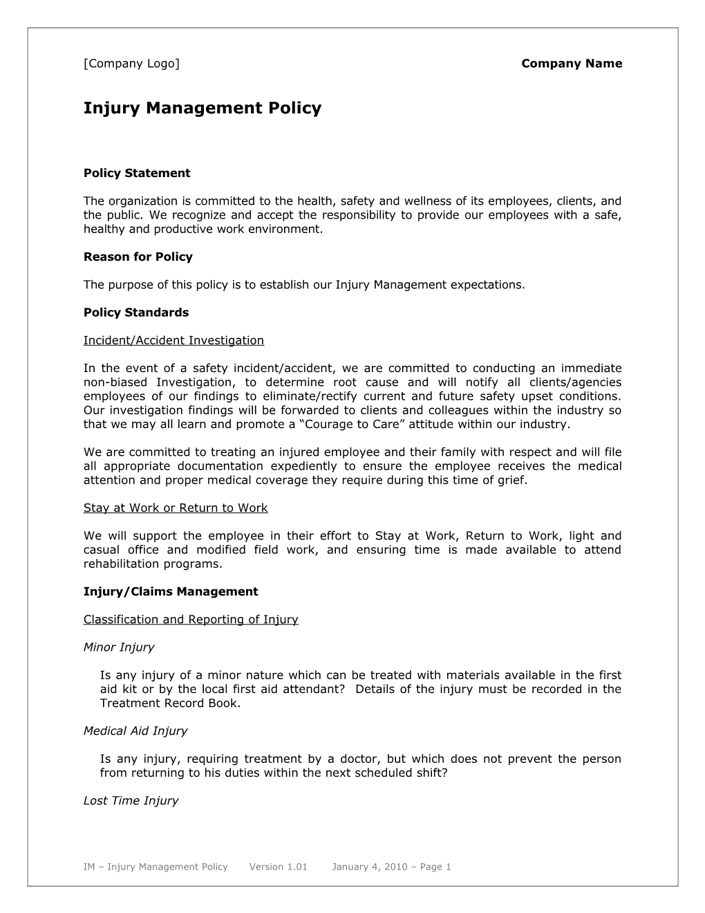 Injury Management Policy
