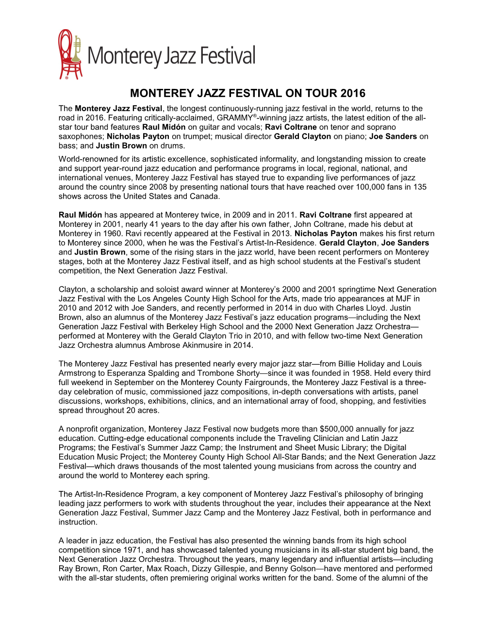 Monterey Jazz Festival on Tour 2016