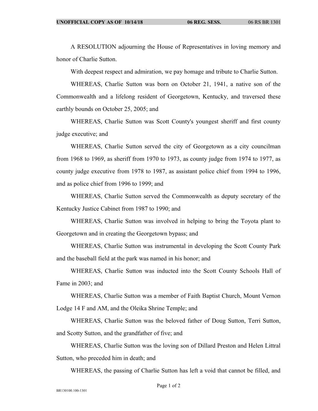A RESOLUTION Adjourning the House of Representatives in Loving Memory and Honor of Charlie