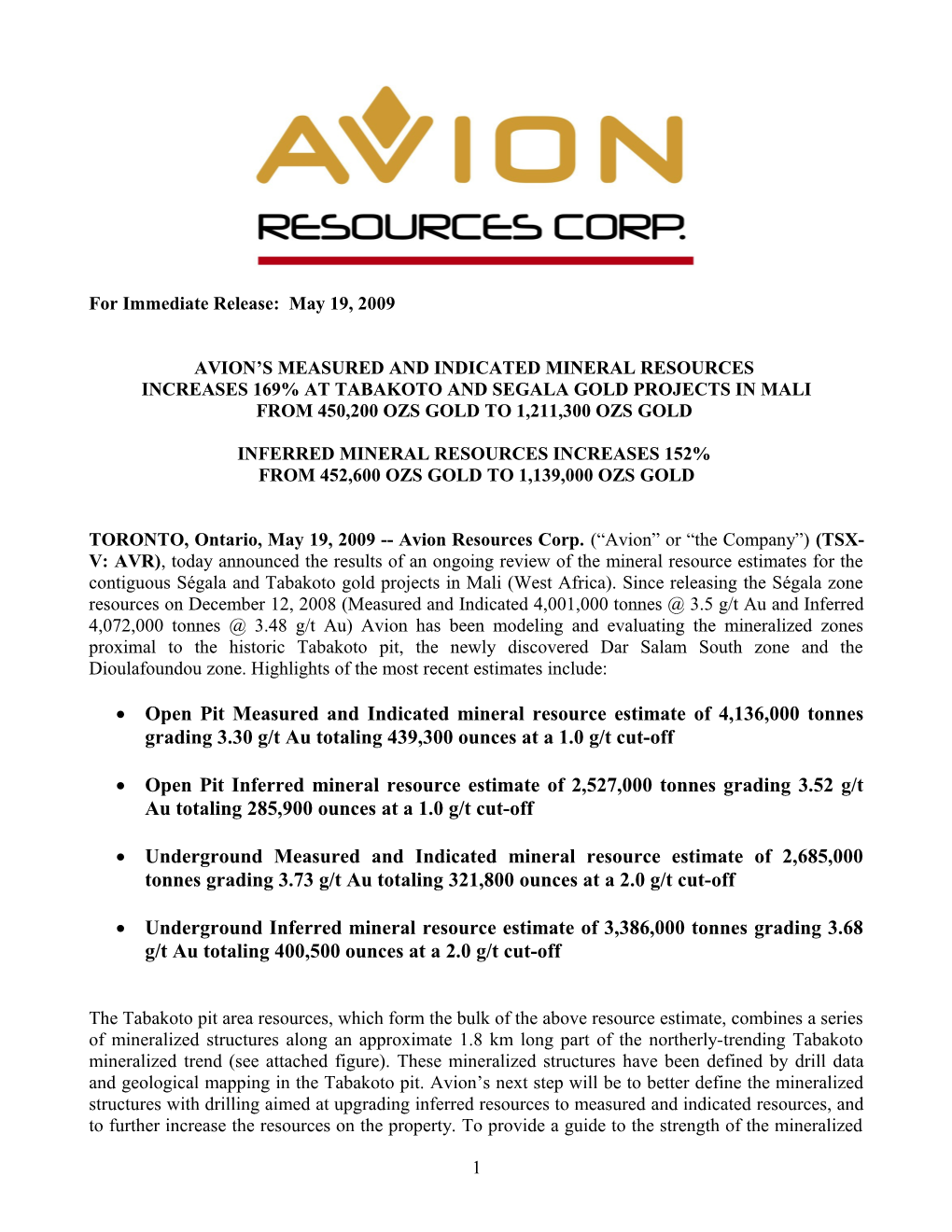 Avion Smeasured and Indicatedmineral Resources