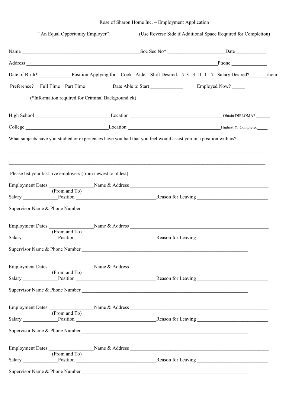 Rose of Sharon Home Employment Application