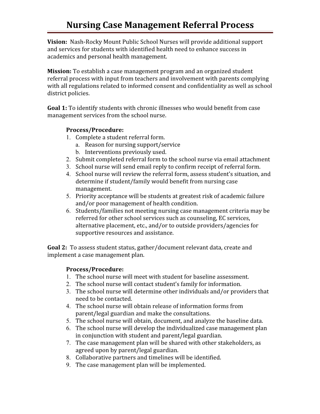 Nursing Case Management Referral Process