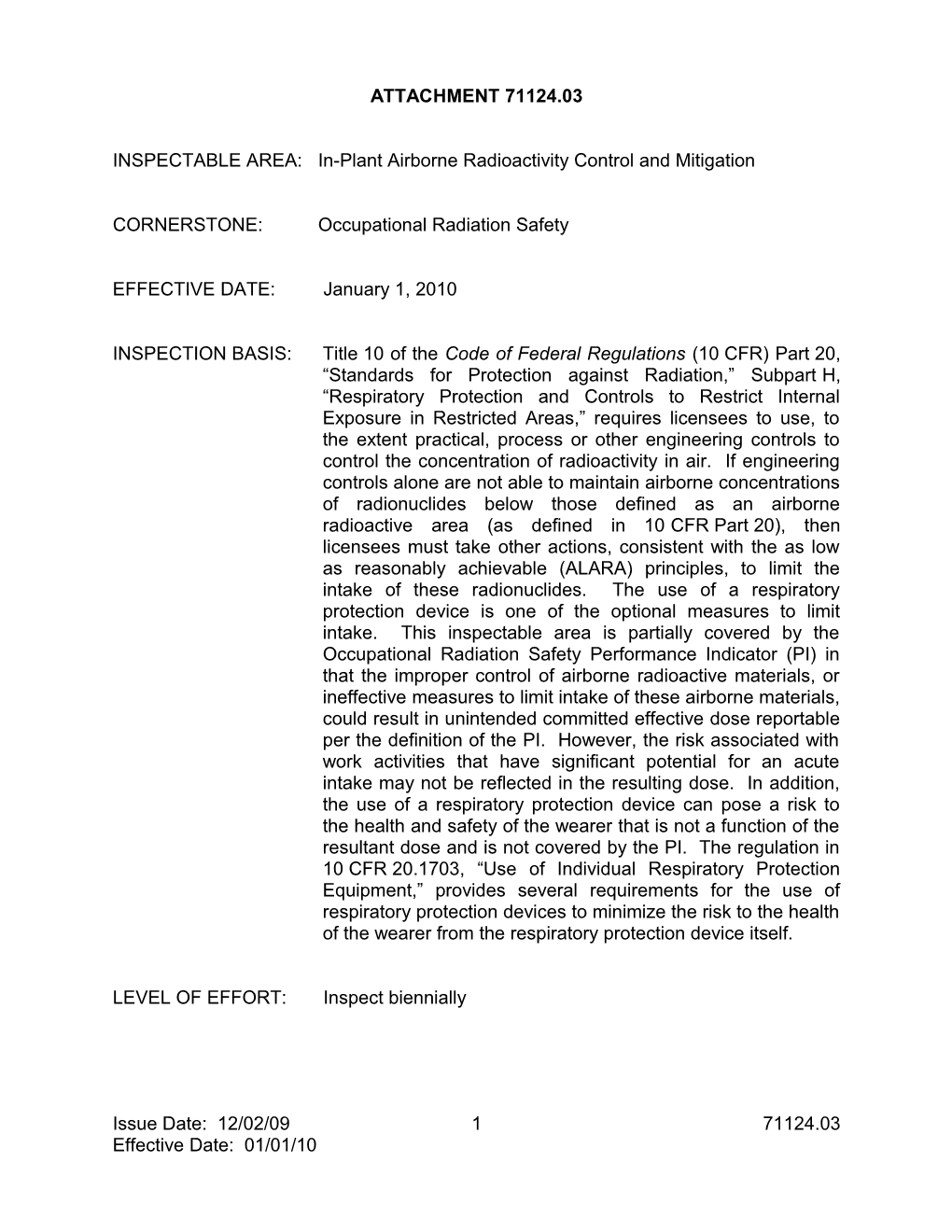 INSPECTABLE AREA:In-Plant Airborne Radioactivity Control and Mitigation