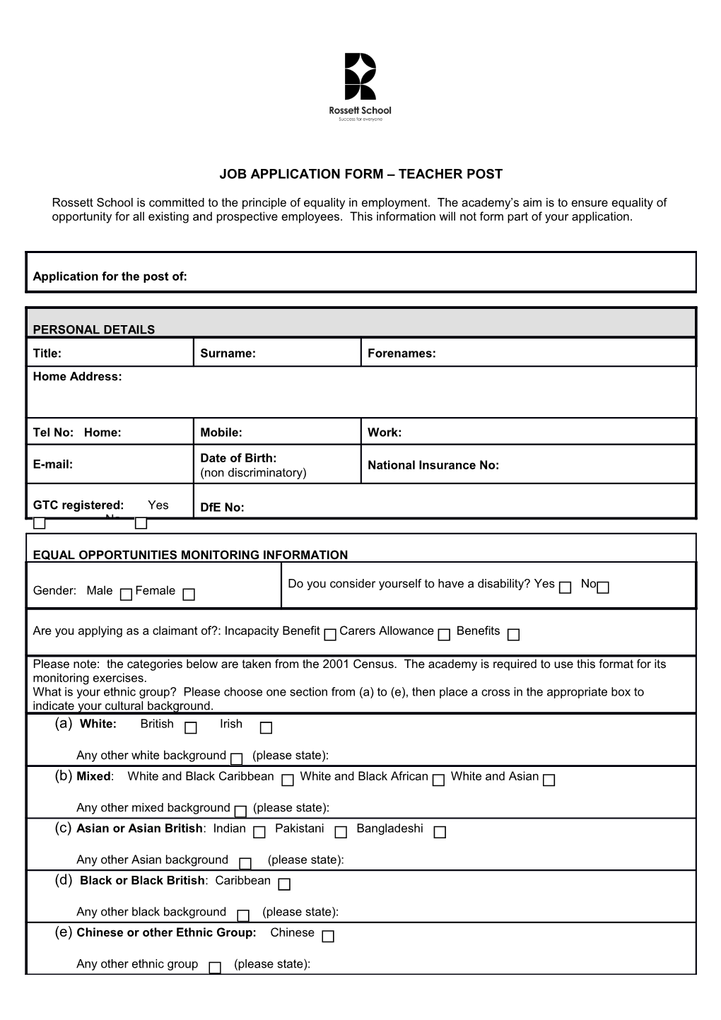 Job Application Form Teacher Post