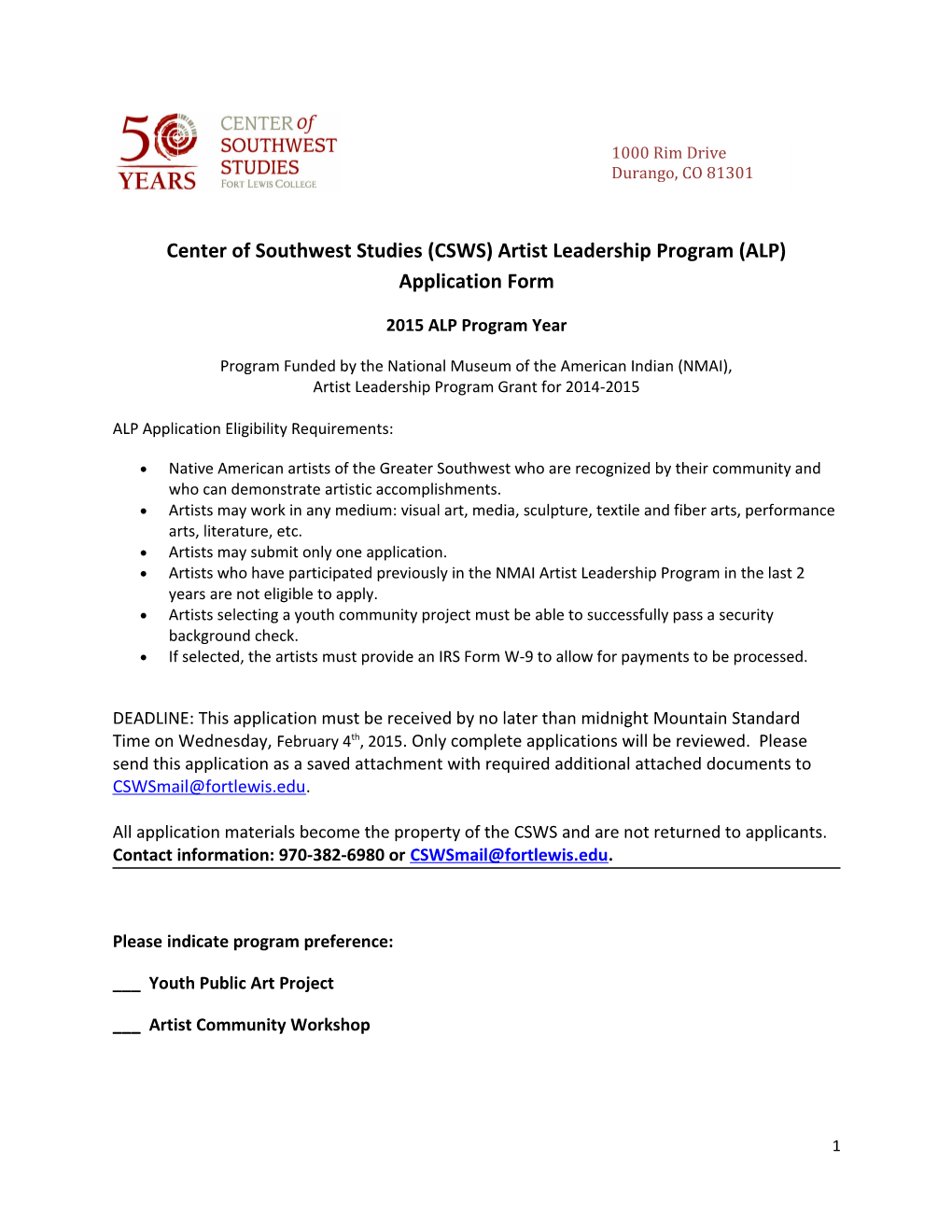 Center of Southwest Studies (CSWS) Artist Leadership Program (ALP) Application Form
