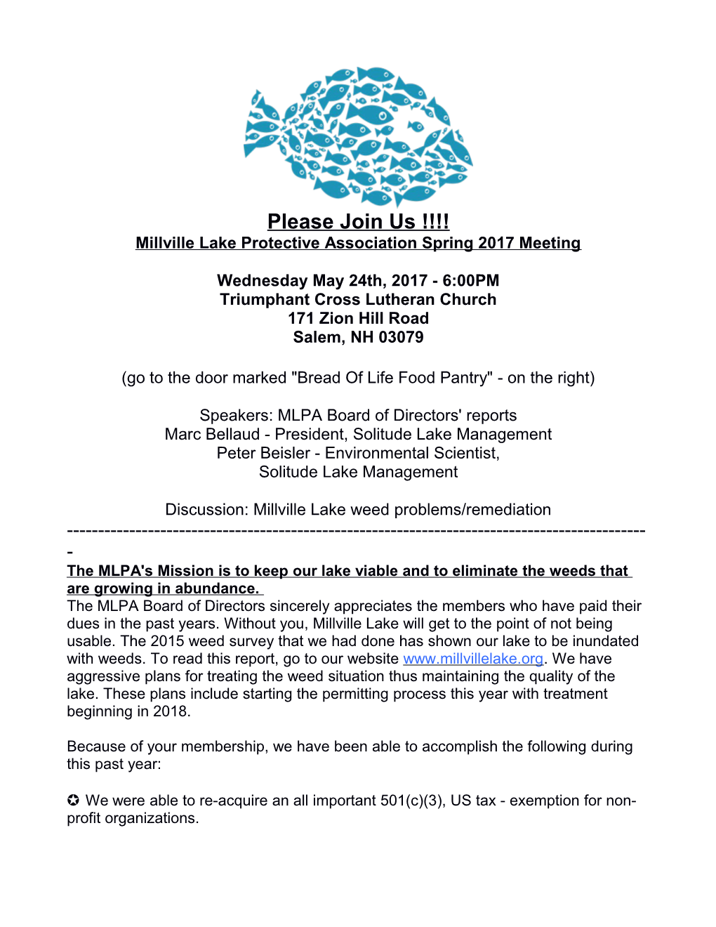 Millville Lake Protective Association Spring 2017 Meeting