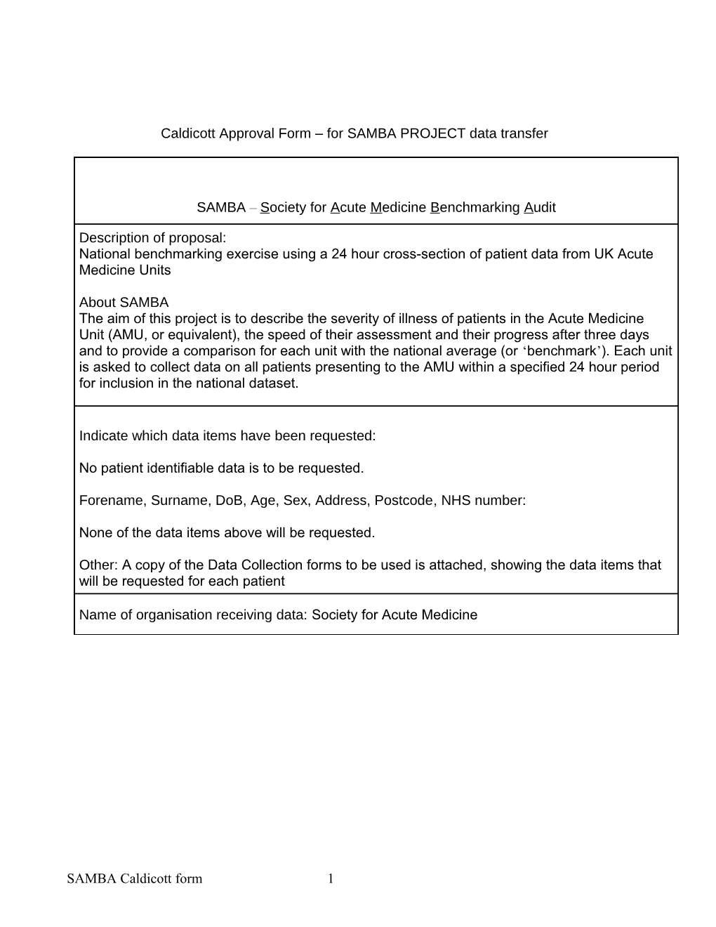 Caldicott Approval Form for SAMBA PROJECT Data Transfer