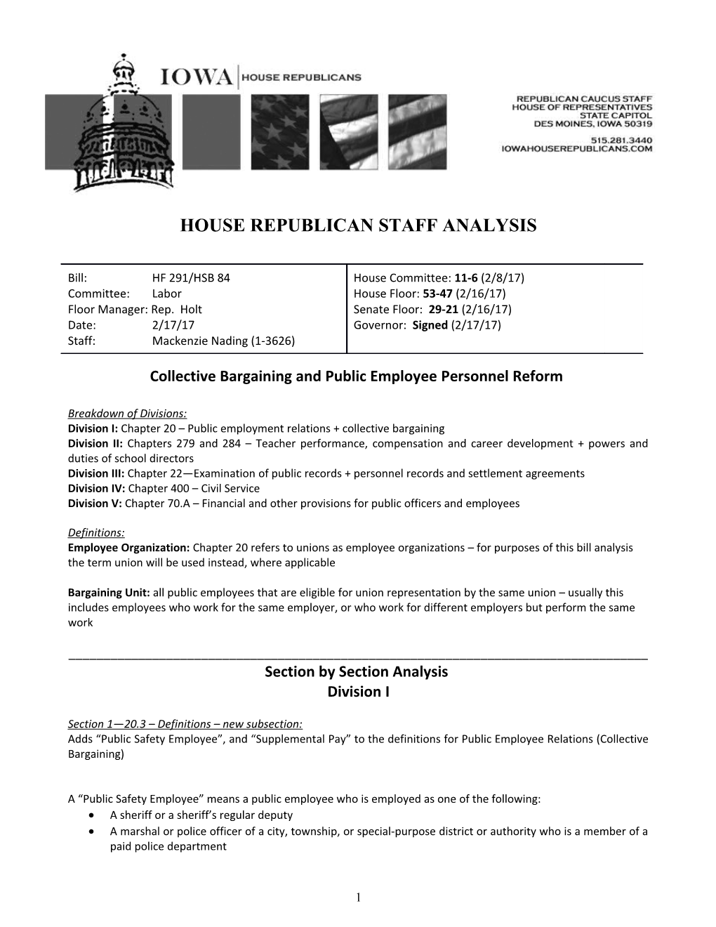 House Republican Staff Analysis