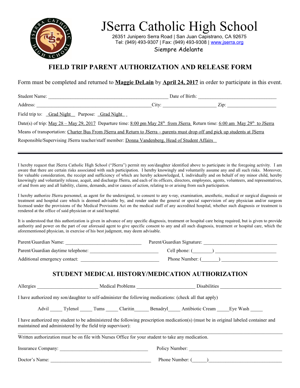 Field Trip Parent Authorization and Release Form