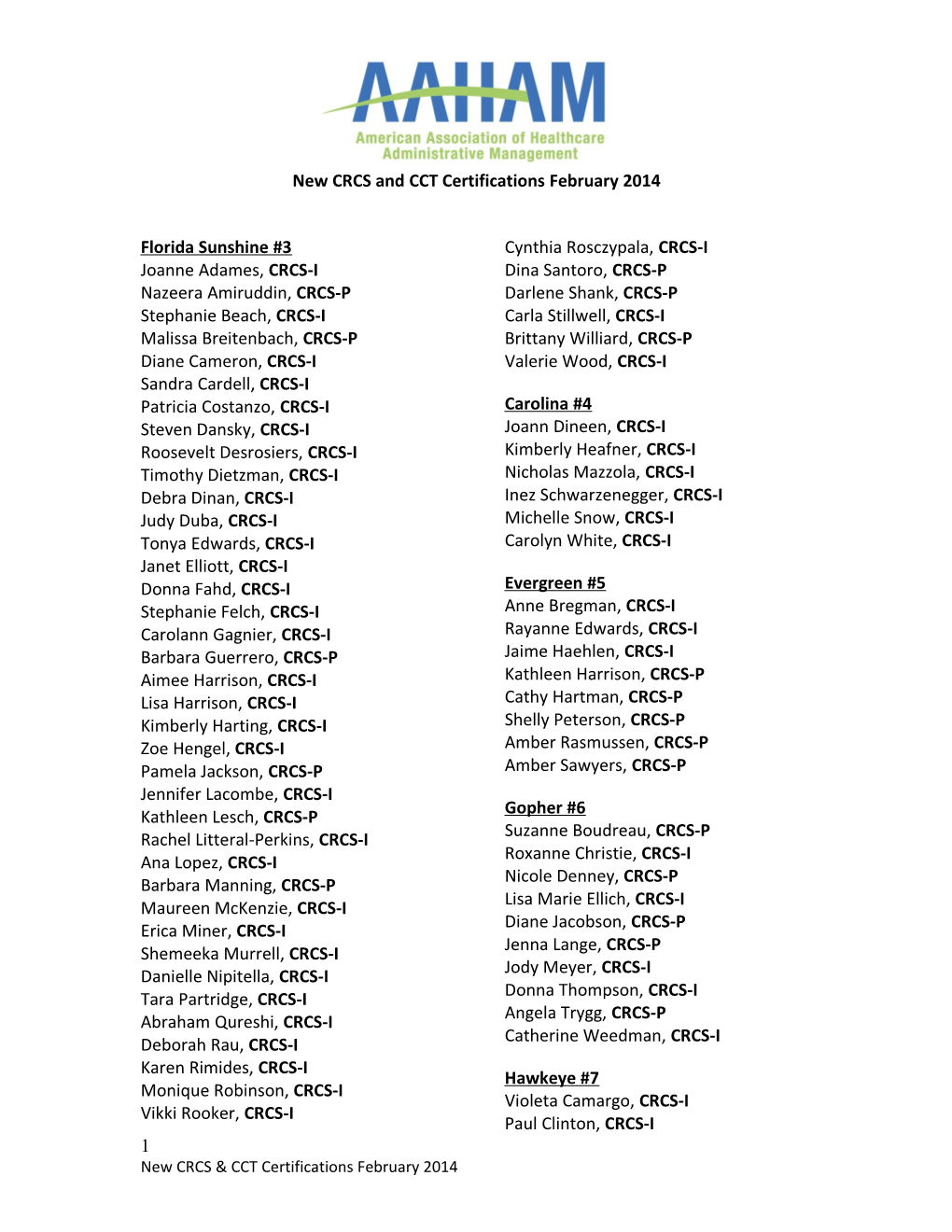 New CRCS and CCT Certifications February 2014