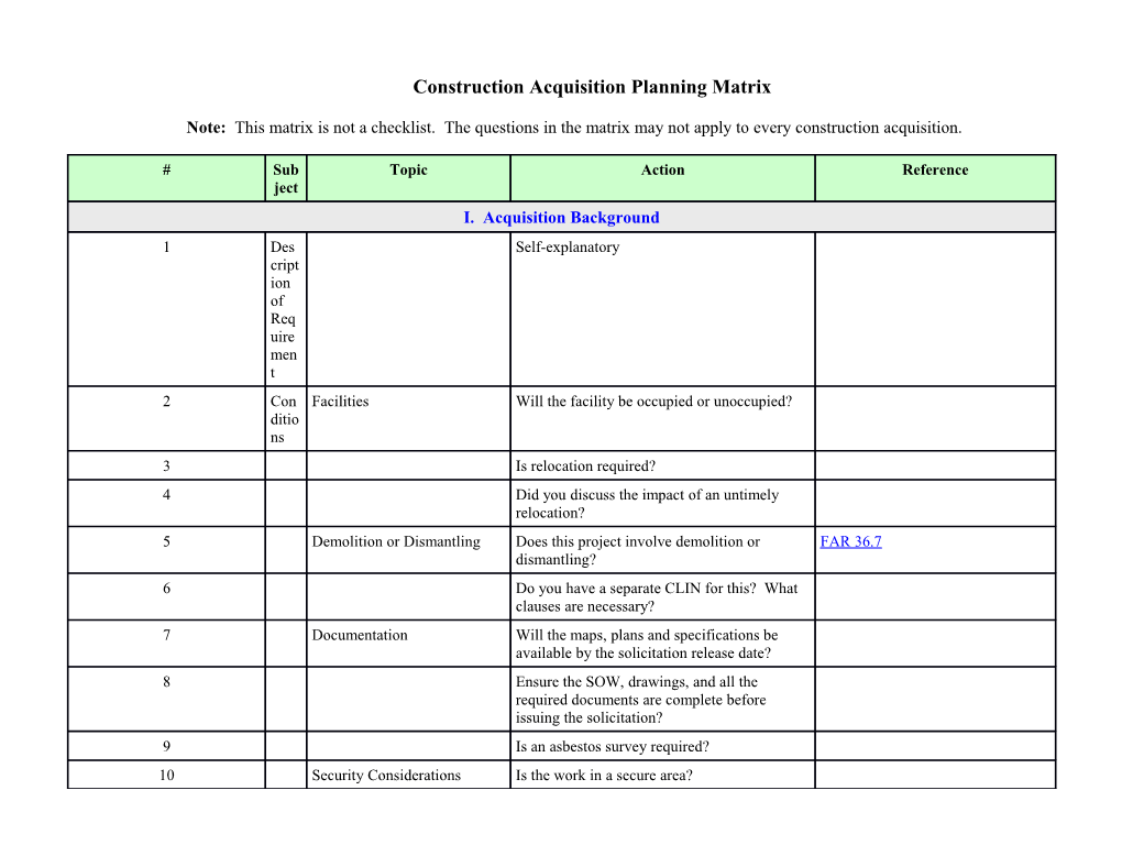 Construction Acquisition Planning Matrix