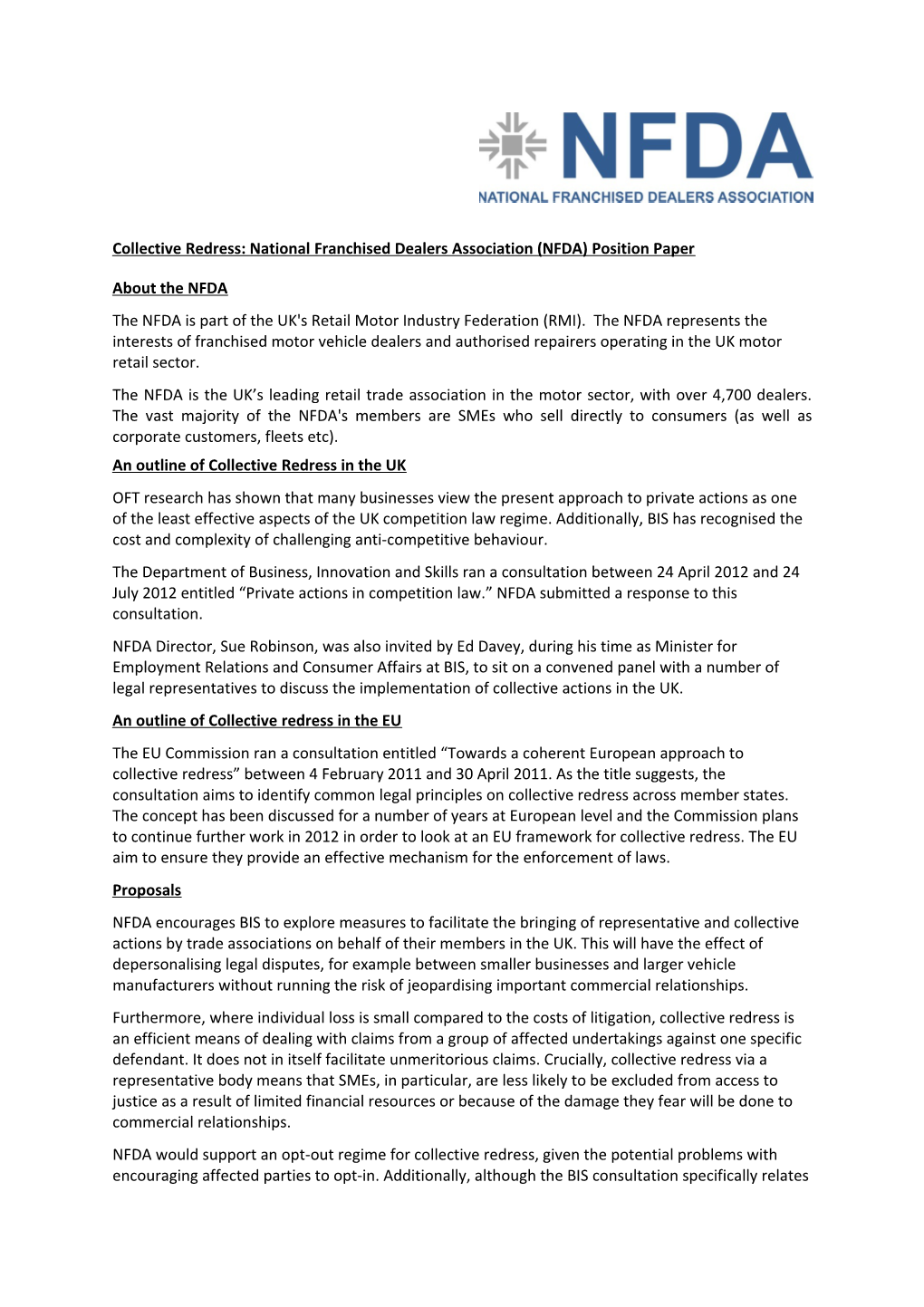 Collective Redress: National Franchised Dealers Association (NFDA) Position Paper