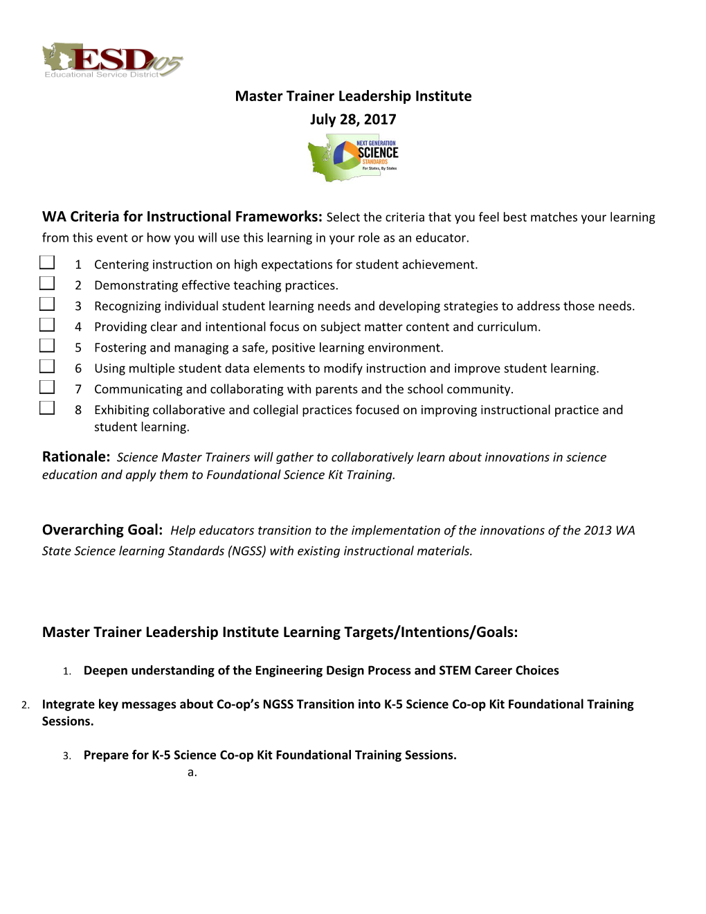 Master Trainer Leadership Institute Learning Targets/Intentions/Goals